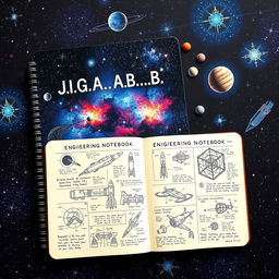 A beautifully designed engineering notebook themed around space, titled 'J