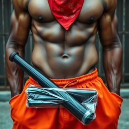 A close-up shot focusing on the waist and torso of a muscular African American gang member