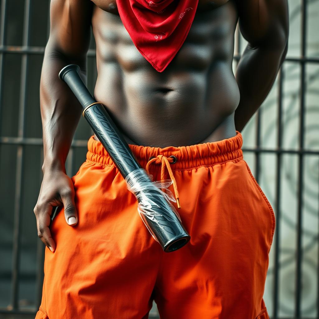 A close-up shot focusing on the waist and torso of a muscular African American gang member