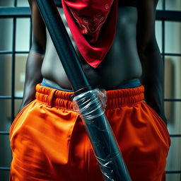 A close-up shot focused on the waist and torso of a muscular African American gang member