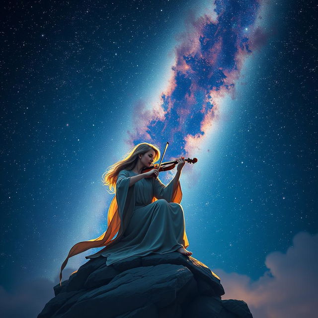 A dramatic night sky filled with twinkling stars, with a serene figure sitting on a rocky outcrop, playing a violin