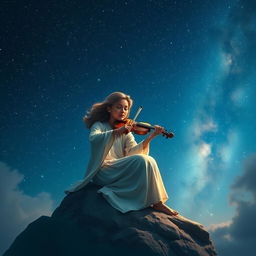 A dramatic night sky filled with twinkling stars, with a serene figure sitting on a rocky outcrop, playing a violin