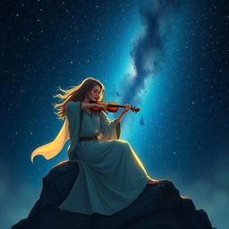 A dramatic night sky filled with twinkling stars, with a serene figure sitting on a rocky outcrop, playing a violin