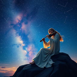 A dramatic night sky filled with twinkling stars, with a serene figure sitting on a rocky outcrop, playing a violin