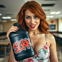 A close-up shot of a stunning redhead woman in a floral pattern sundress, emphasizing her large chest and subtle cleavage