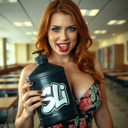 A close-up view of a stunning female redhead, wearing a floral pattern sundress that accentuates her large chest and cleavage