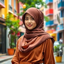 A fashionable young woman wearing a beautifully styled hijab, combining traditional elegance with modern flair