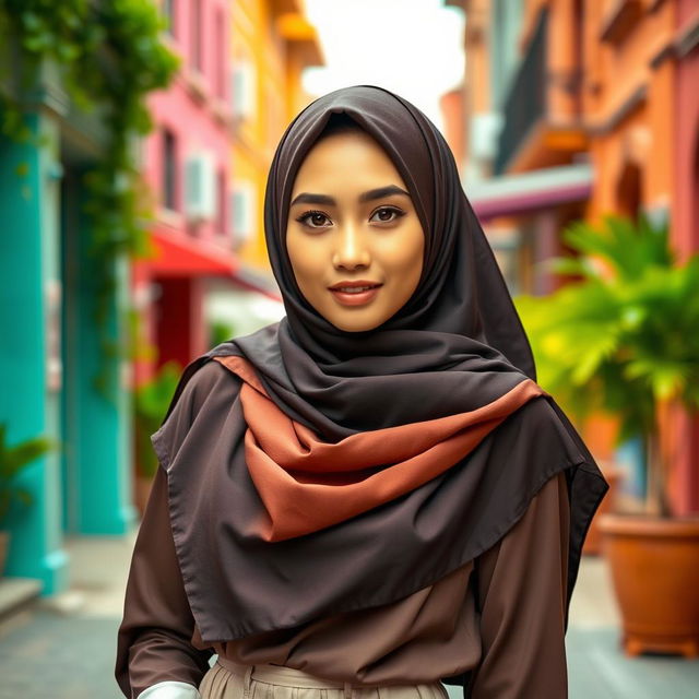 A fashionable young woman wearing a beautifully styled hijab, combining traditional elegance with modern flair