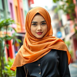 A fashionable young woman wearing a beautifully styled hijab, combining traditional elegance with modern flair