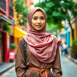 A fashionable young woman wearing a beautifully styled hijab, combining traditional elegance with modern flair