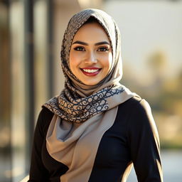 A beautiful woman wearing an elegant hijab, exuding confidence and allure