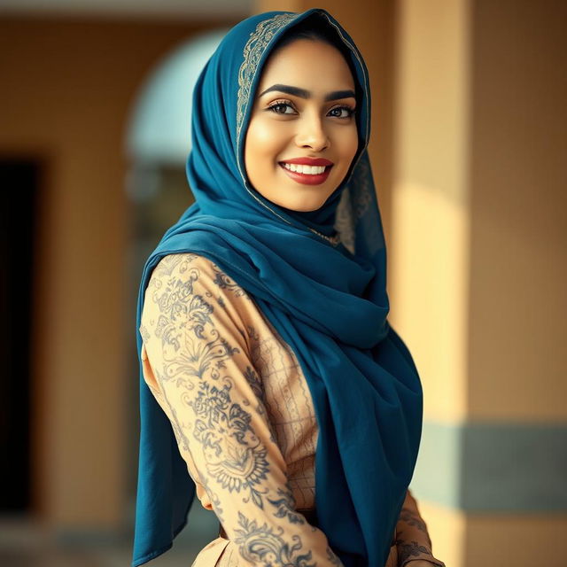 A beautiful woman wearing an elegant hijab, exuding confidence and allure