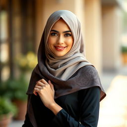 A beautiful woman wearing an elegant hijab, exuding confidence and allure