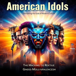 A captivating book cover for 'American Idols: Unmasking the Gods of Modern Culture'