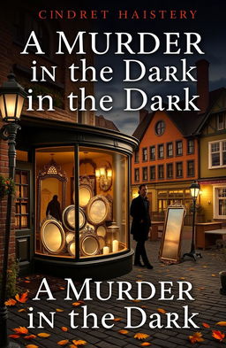 A cozy mystery book cover titled 'A Murder in the Dark', featuring a charming mirror shop located in a quaint small town