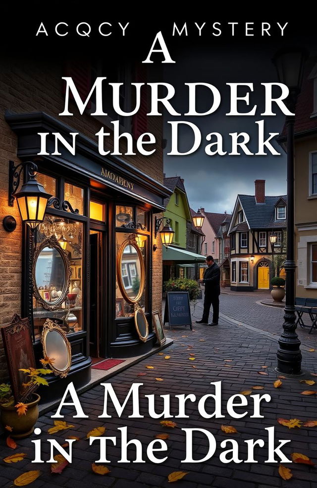 A cozy mystery book cover titled 'A Murder in the Dark', featuring a charming mirror shop located in a quaint small town