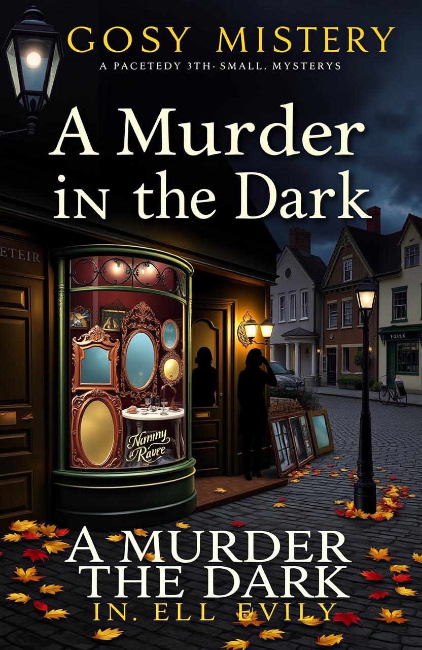 A cozy mystery book cover titled 'A Murder in the Dark', featuring a charming mirror shop located in a quaint small town