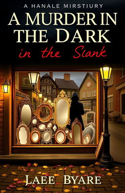 A cozy mystery book cover titled 'A Murder in the Dark', featuring a charming mirror shop located in a quaint small town