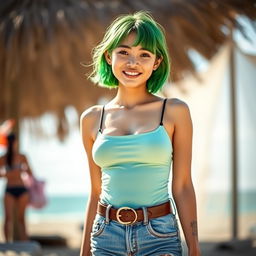 An 18-year-old woman with vibrant green hair, showcasing her mixed Chinese and Filipina heritage