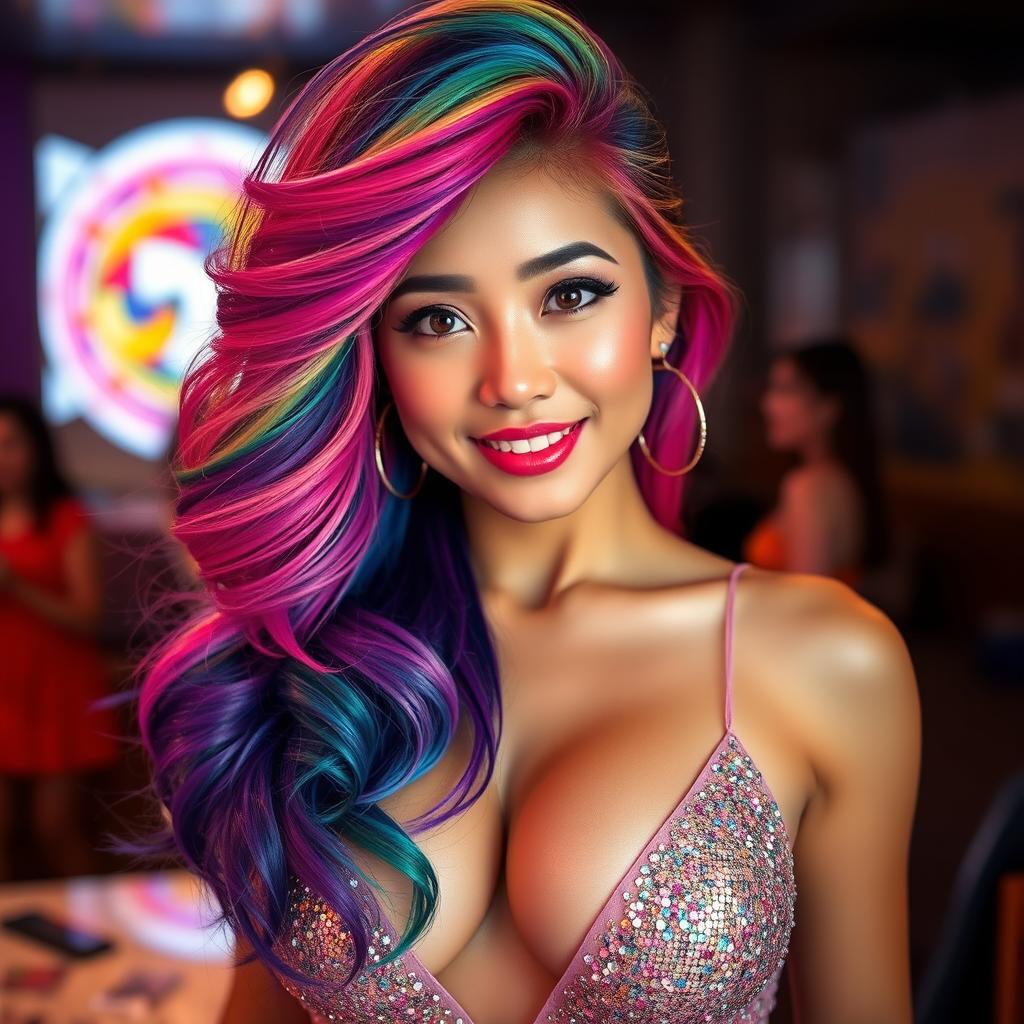 A stunning, sexy Asian woman with vibrant, rainbow-colored hair flowing beautifully around her shoulders, sparkling with an abundance of glitter that enhances her alluring look