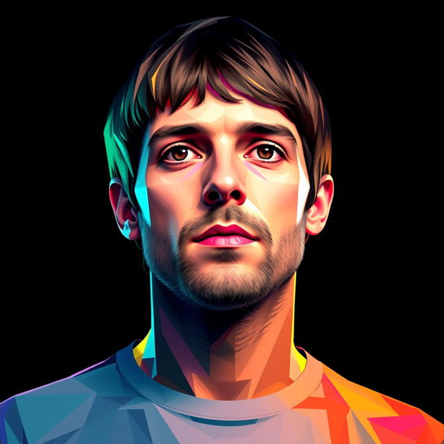 A photorealistic t-shirt design featuring a vibrant and colorful portrait of a Britpop icon, reminiscent of the band OASIS