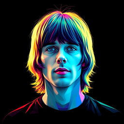 A photorealistic t-shirt design featuring a vibrant and colorful portrait of a Britpop icon, reminiscent of the band OASIS