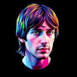 A photorealistic t-shirt design featuring a vibrant and colorful portrait of a Britpop icon, reminiscent of the band OASIS