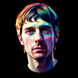 A photorealistic t-shirt design featuring a vibrant and colorful portrait of a Britpop icon, reminiscent of the band OASIS