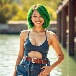 An 18-year-old woman with striking green hair, reflecting her unique Chinese and Filipina heritage