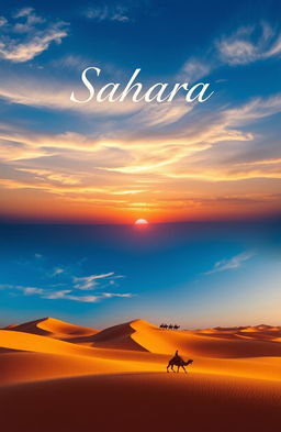 A stunning cover page design featuring breathtaking images of the Sahara Desert, including vast golden sand dunes under a vibrant blue sky, a mesmerizing sunset casting orange and purple hues over the landscape, and maybe a silhouette of a lone camel caravan traversing the sands