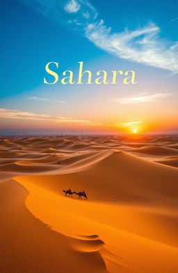 A stunning cover page design featuring breathtaking images of the Sahara Desert, including vast golden sand dunes under a vibrant blue sky, a mesmerizing sunset casting orange and purple hues over the landscape, and maybe a silhouette of a lone camel caravan traversing the sands