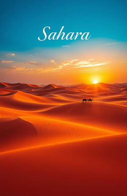 A stunning cover page design featuring breathtaking images of the Sahara Desert, including vast golden sand dunes under a vibrant blue sky, a mesmerizing sunset casting orange and purple hues over the landscape, and maybe a silhouette of a lone camel caravan traversing the sands