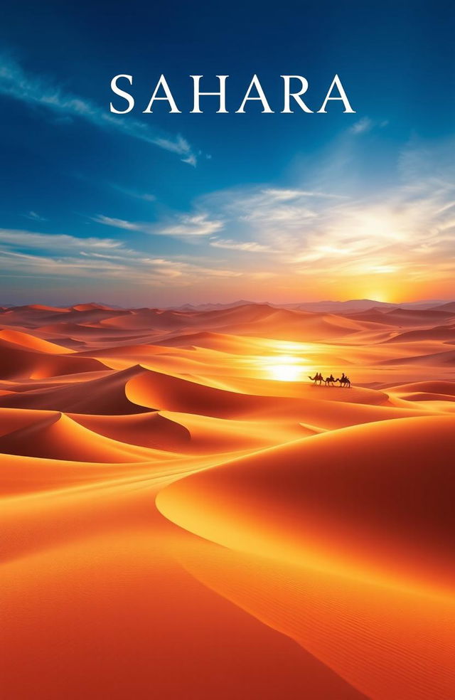 A stunning cover page design featuring breathtaking images of the Sahara Desert, including vast golden sand dunes under a vibrant blue sky, a mesmerizing sunset casting orange and purple hues over the landscape, and maybe a silhouette of a lone camel caravan traversing the sands