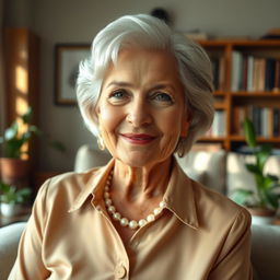 A portrait of a mature woman with an elegant demeanor, wearing a stylish blouse and a pearl necklace, sitting gracefully in a cozy living room filled with warm sunlight