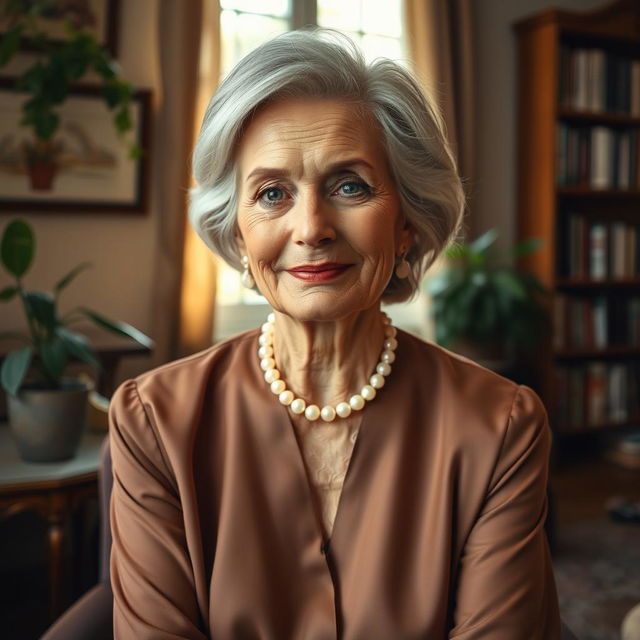 A portrait of a mature woman with an elegant demeanor, wearing a stylish blouse and a pearl necklace, sitting gracefully in a cozy living room filled with warm sunlight