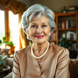 A portrait of a mature woman with an elegant demeanor, wearing a stylish blouse and a pearl necklace, sitting gracefully in a cozy living room filled with warm sunlight