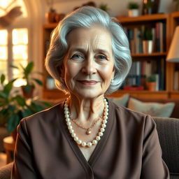 A portrait of a mature woman with an elegant demeanor, wearing a stylish blouse and a pearl necklace, sitting gracefully in a cozy living room filled with warm sunlight