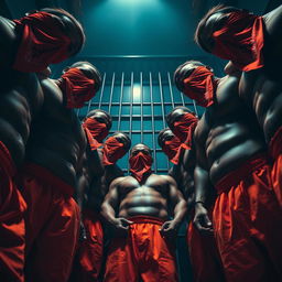 A dramatic view from the ground looking up, capturing a circle of large muscular African American gang members