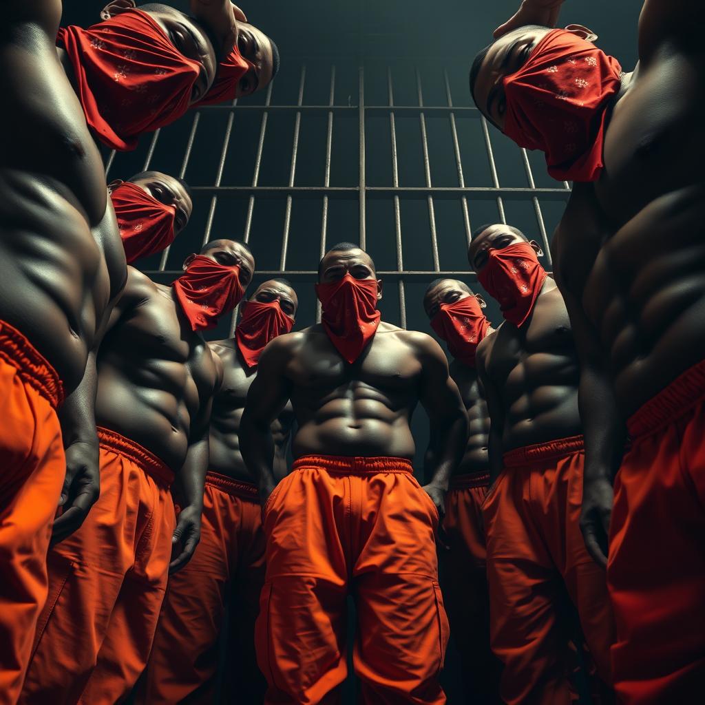 A dramatic view from the ground looking up, capturing a circle of large muscular African American gang members