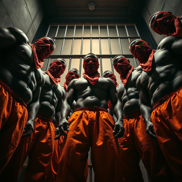 A dramatic view from the ground looking up, capturing a circle of large muscular African American gang members