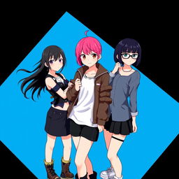 Three beautiful Japanese girls posing coolly against a blue and black background