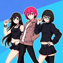 Three beautiful Japanese girls posing coolly against a blue and black background