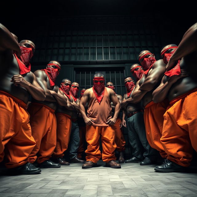 A ground-level perspective looking up at a circle of large, muscular African American gang members in a jail cell