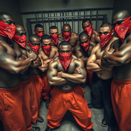 A ground-level perspective looking up at a circle of large, muscular African American gang members in a jail cell