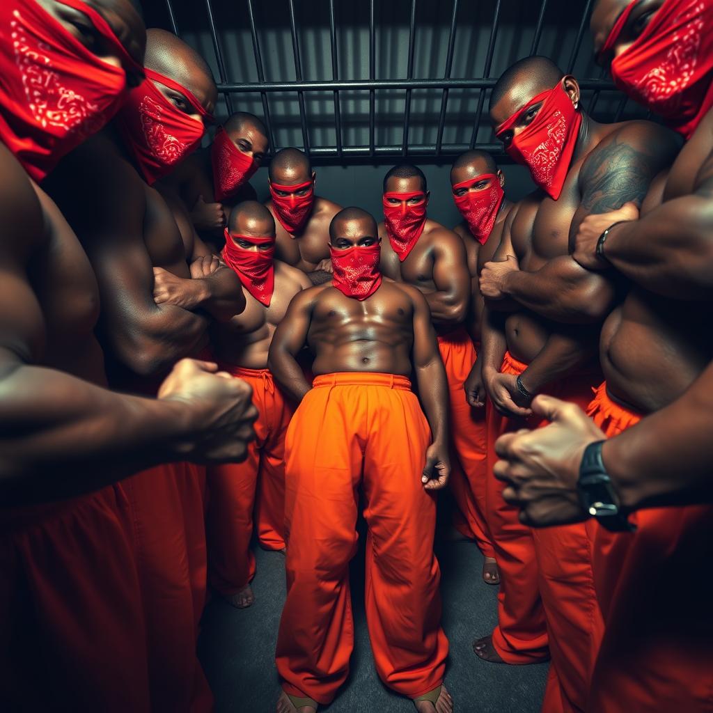 A ground-level perspective looking up at a circle of large, muscular African American gang members in a jail cell