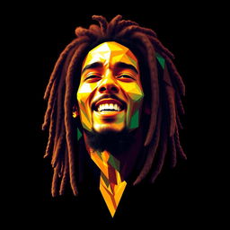 A photorealistic icon's portrait for a t-shirt design, featuring a character that closely resembles Bob Marley, portrayed in vibrant polygon art style