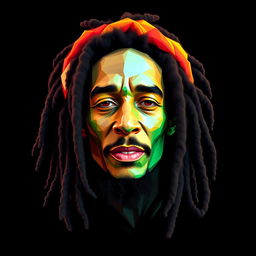 A photorealistic icon's portrait for a t-shirt design, featuring a character that closely resembles Bob Marley, portrayed in vibrant polygon art style