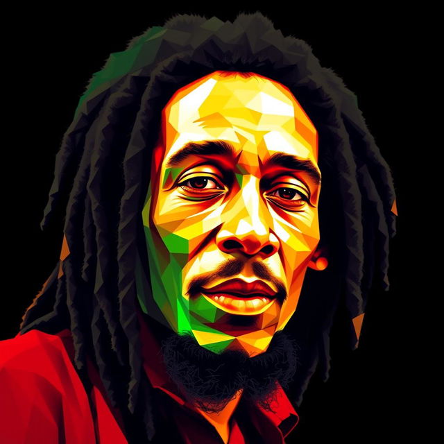 A photorealistic icon's portrait for a t-shirt design, featuring a character that closely resembles Bob Marley, portrayed in vibrant polygon art style