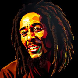 A photorealistic icon's portrait for a t-shirt design, featuring a character that closely resembles Bob Marley, portrayed in vibrant polygon art style