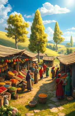An imaginative, enchanting scene depicting a vibrant, bustling village market in a remote countryside, showcasing colorful stalls filled with exotic fruits, spices, and handmade crafts